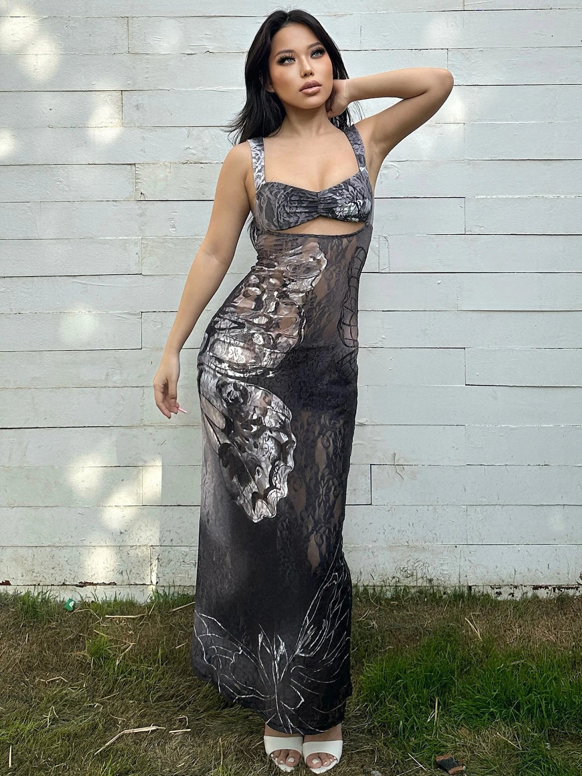 Sweetheart Neck Bust Cutout Butterfly Graphic Print Bodycon Maxi Dress