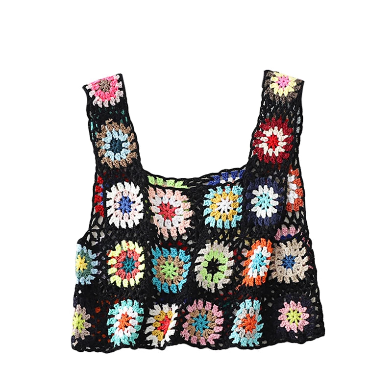 Knitted Crochet Crop Top 2000s Women Floral Embroidery Hollow Out Sleeveless Tshirt Vest y2k Beach Clothes Streetwear