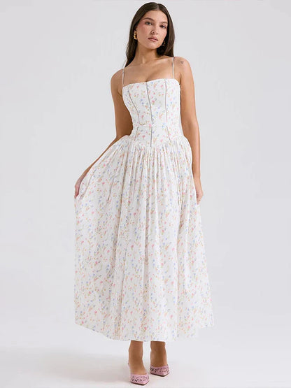 Ditsy Floral Print Square Neck Corset Seam Spaghetti Strap A-Line Maxi Dress