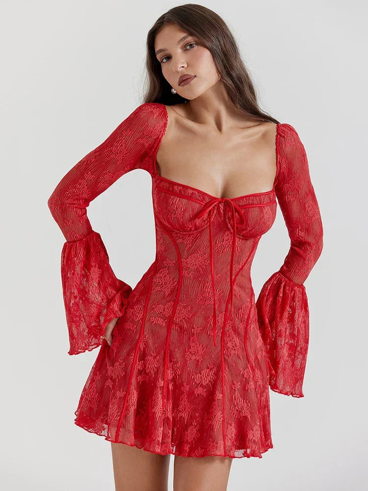 Flare Sleeve Pleated Print Bodycon Dress