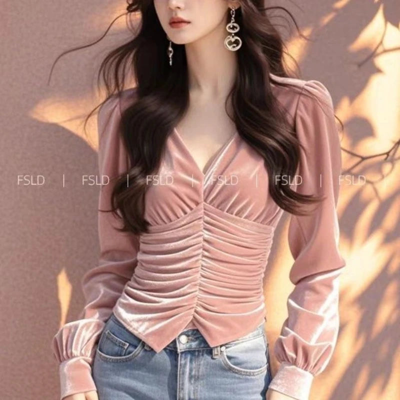 Velvet Long Sleeve T Shirt Women V Neck Casual Lady Tee Youth Elegant Luxury Top Basic Blouse Fashion New