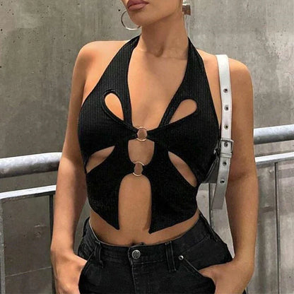 Backless Y2K Black Asymmetrical Slim Cami Top