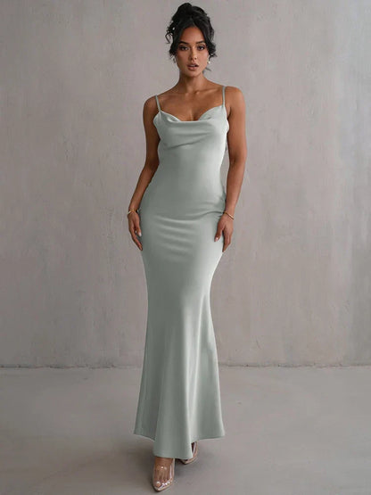 Satin Floral Applique Cowl Back Spaghetti Strap Maxi Gown