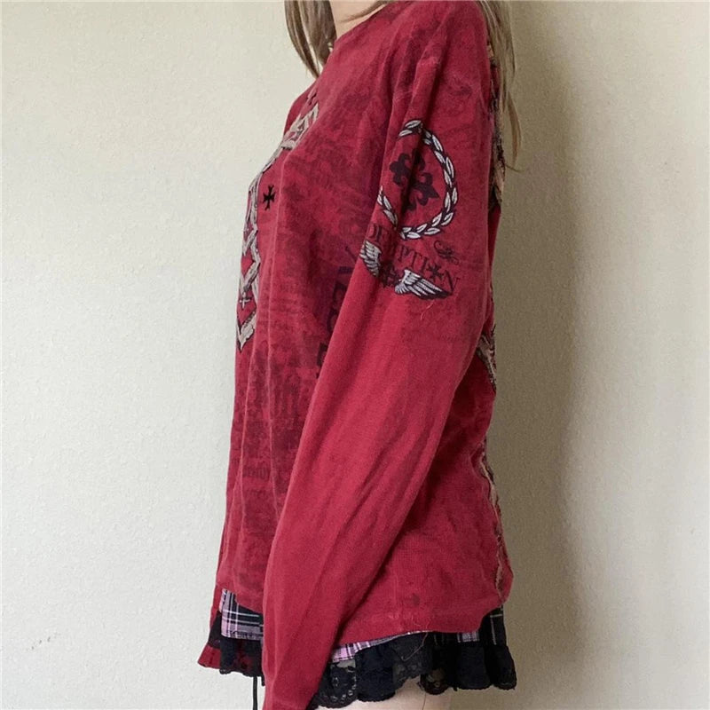 Fairy Grunge y2k Top Women Gothic Graphic Print Round Neck Long Sleeve T Shirt Emo Clothes 2000s Clothing Streetwear