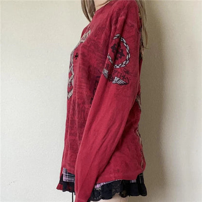 Fairy Grunge y2k Top Women Gothic Graphic Print Round Neck Long Sleeve T Shirt Emo Clothes 2000s Clothing Streetwear