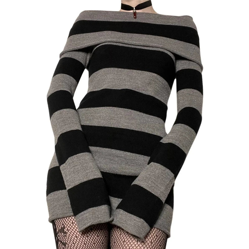 Goth Dresses Punk Gothic Witchy Dark Academia Women Off Shoulder Knitted Dress y2k Fairy Grunge Dresses Halloween Wear