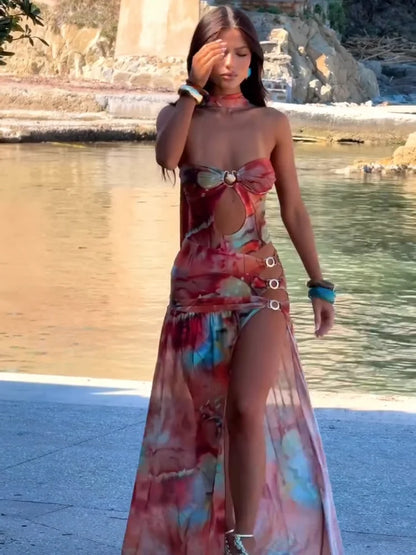 Hollow Lace-up Split Floral Dress