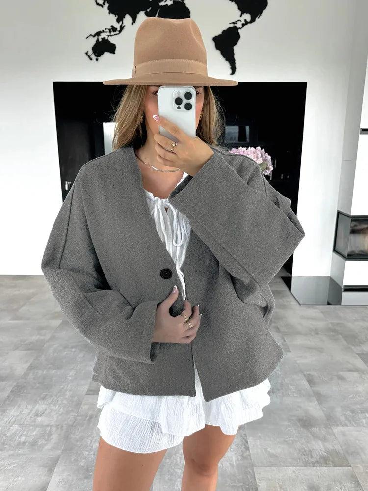 Female Autumn Commute Outwear Pocket Fashion V-Neck Long Sleeve Patchwork Streetwear Solid Cropped Coat Ladies Jacket New