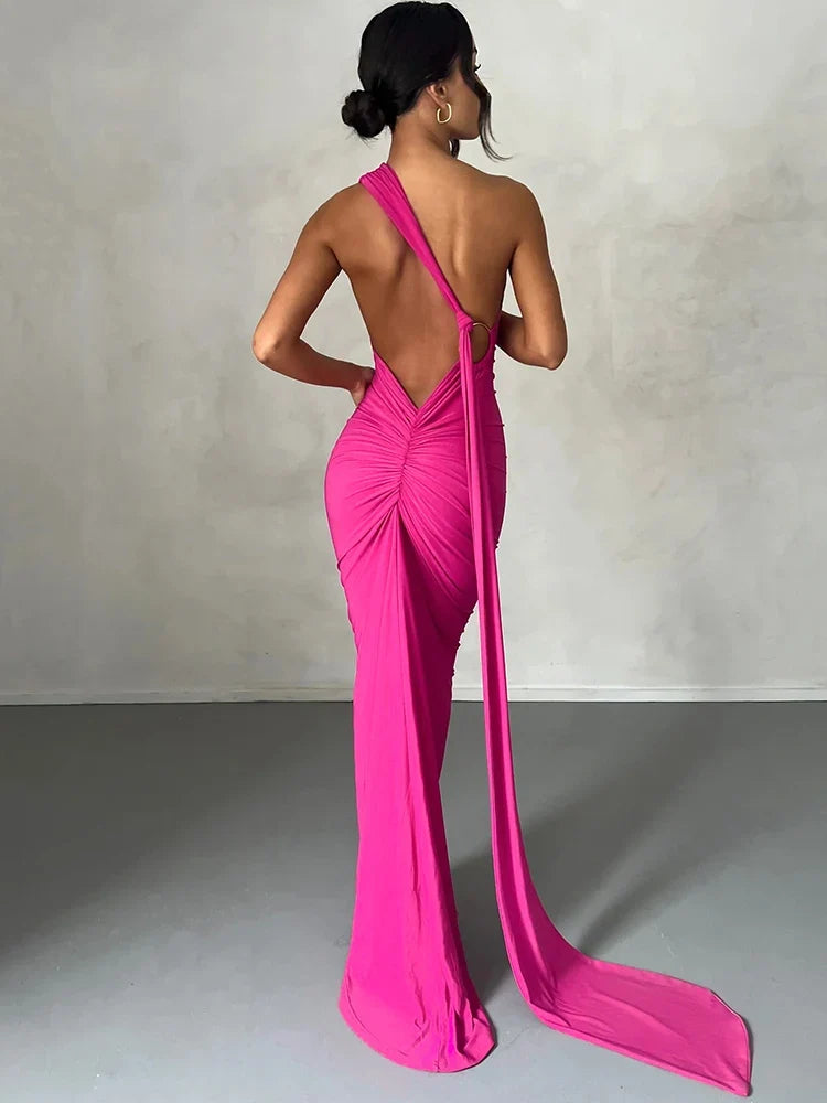 One Shoulder Scarf Ruched Maxi Dress