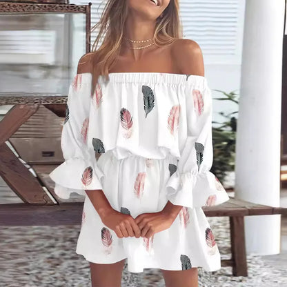 Off Shoulder Floral Print Bell Sleeve Elastic Waist Ruffle Cuff Mini Dress