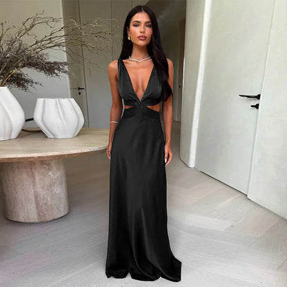 Satin Deep V-Neck Waist Cut Out Flowy Maxi Dress