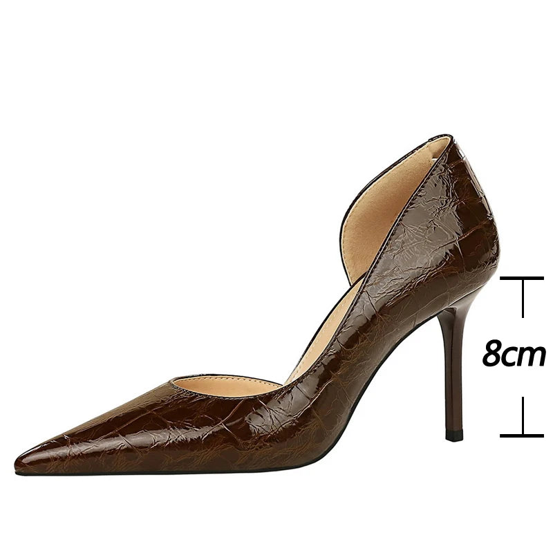 Shoes Women 8 Cm Patent Leather Design Women Pumps Pointed Side Hollow Retro High Heels Stilettos Sexy Party Shoes 43
