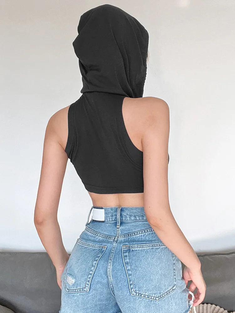 Summer Fashion Trend Solid Colour Y2k Tops New Casual Hooded Lace-Up Crop Top Sexy Slim High Neck Sleeveless Women Clothing
