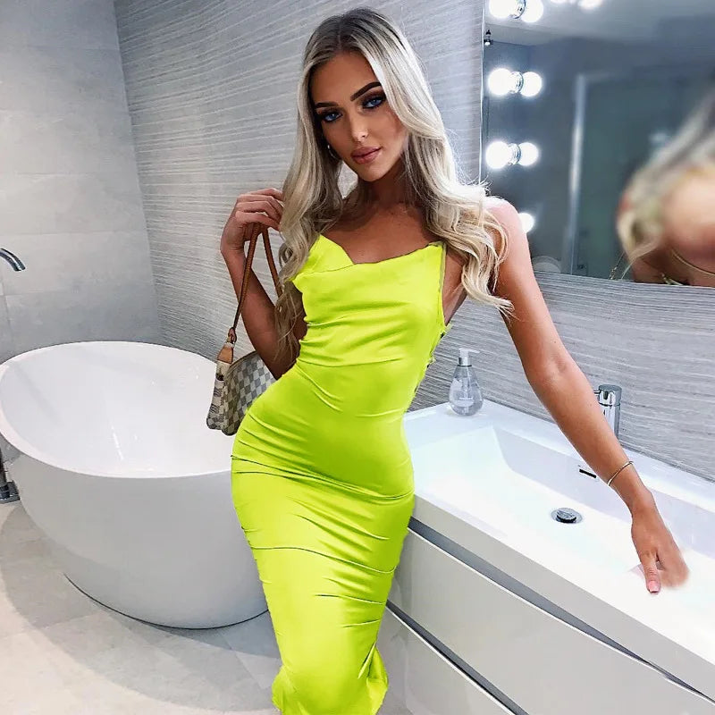 Cowl Neck Spaghetti Strap Side Ruched Satin Bodycon Midi Dress