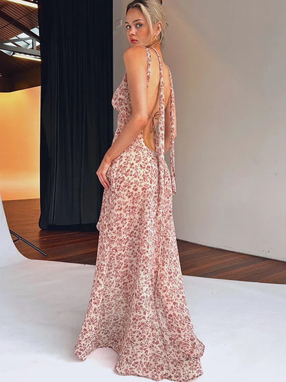 Halter Neck Ditsy Floral Print Tie Back Shoulder Streamer Backless Maxi Dress