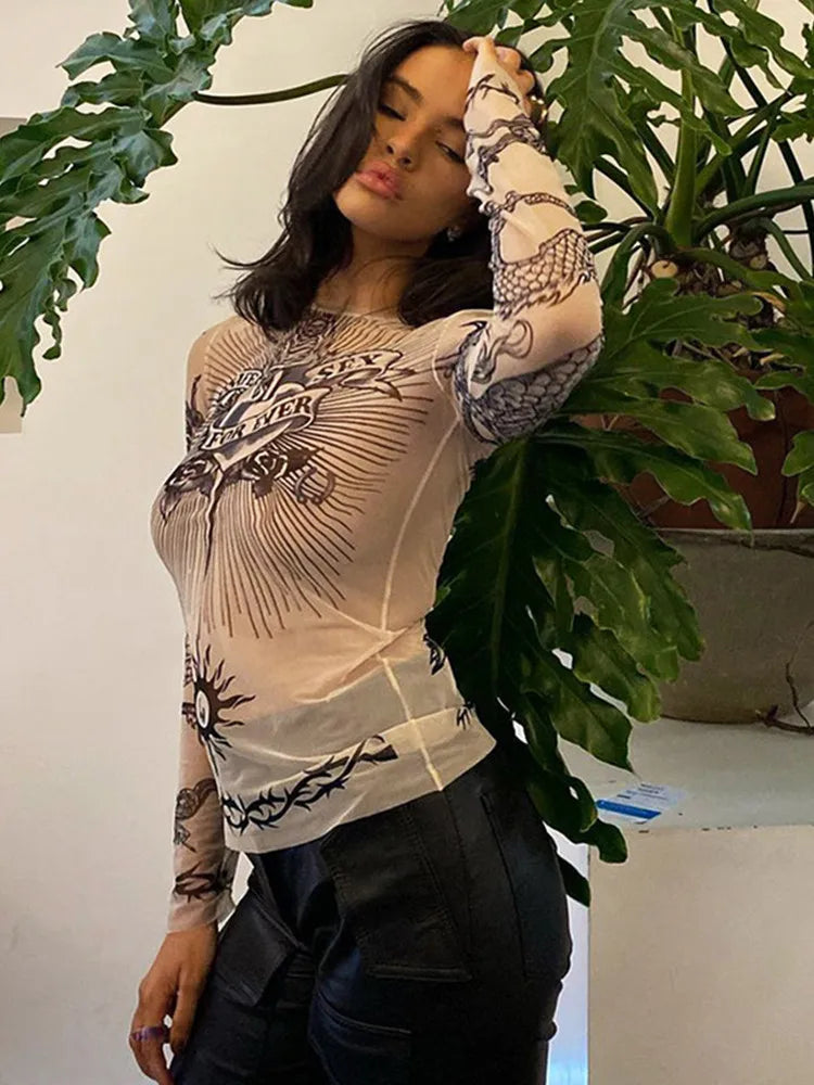 Summer Fashion Round Neck Long Sleeve Graphic T Shirts Sexy Printed Patchwork Women Clothing Casual Slightly Translucent Y2k Top