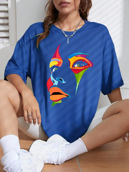 Painted Lady Face Personality Design Print T Shirt Female Street Comfortable T-Shirt Soft Casual Tops Breathable Short Sleeve