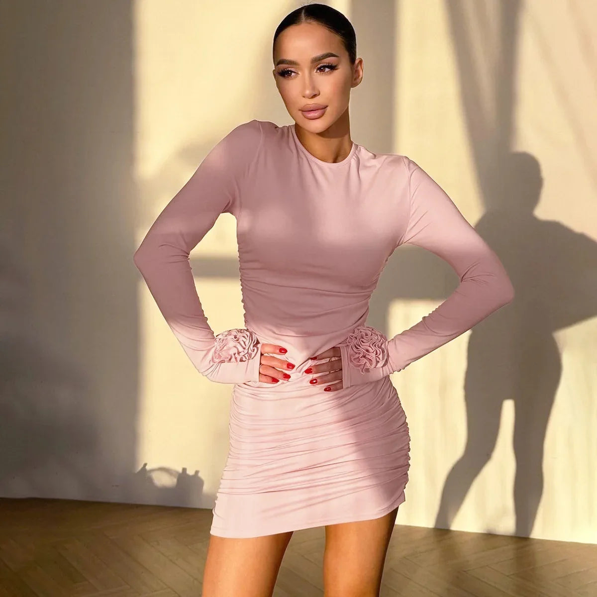 Floral Long Sleeve O-Neck Ruched Bodycon Work Dress