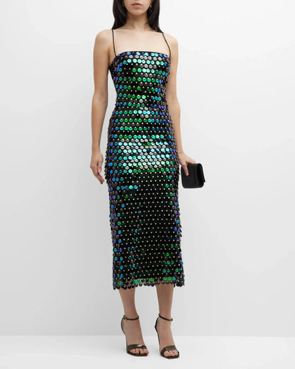 Large Sequin Disk Spaghetti Strap Square Neck Column Midi Dress