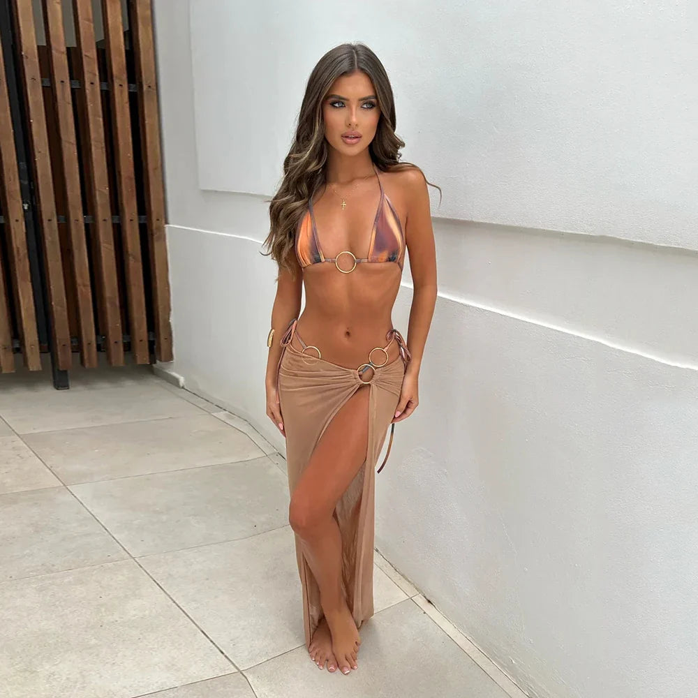 Print Micro Long Skirt Three Piece Swim Sets