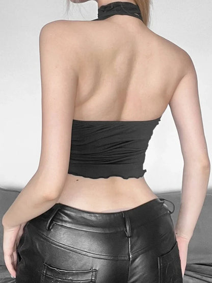 Asymmetrical Lace-Up Black Sheer Top