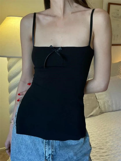 Women Slim Front Satin Bowknot Patchwork Spaghetti Strap Mini Vest Side Split Streetwear 2024 Crop Top