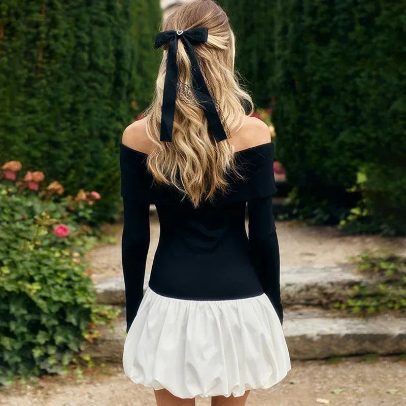Elegant Folds Mini Dress Female One-Shoulder Contrast Color Patchwork Long Sleeves Dress Sexy Slim Party Club Dresses