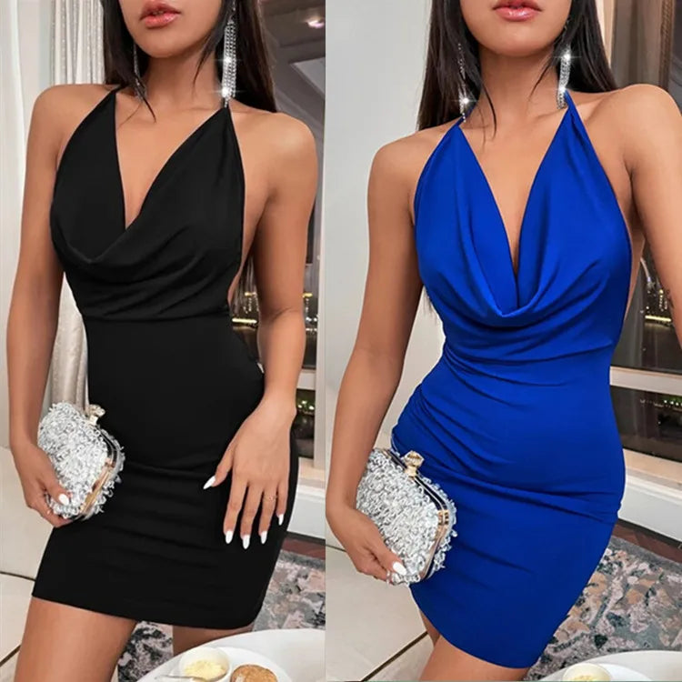 Y2K popular European and American women’s clothing, fashionable split butterfly knot dew back hanging neck short dress for women