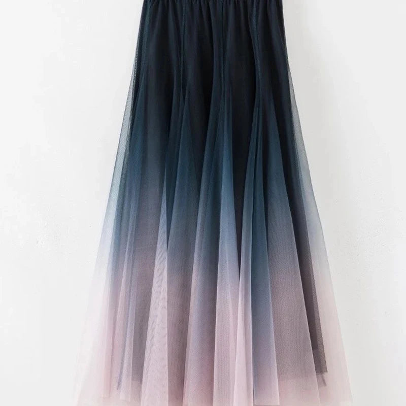 Elegant Tulle Skirts Women High Waist Gradient Mesh Pleated Midi Skirt Korean Elastic Loose Casual All Match A Line Skirt