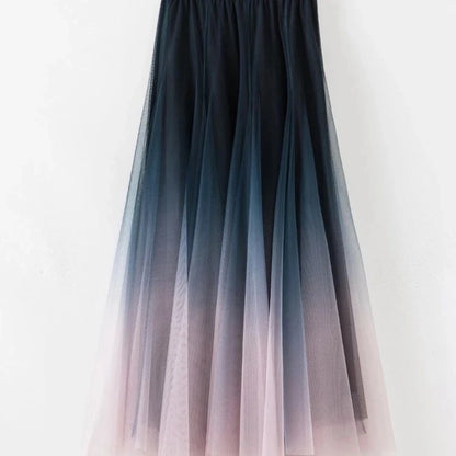 Elegant Tulle Skirts Women High Waist Gradient Mesh Pleated Midi Skirt Korean Elastic Loose Casual All Match A Line Skirt
