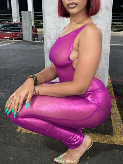 Glossy Sheer Mesh Spaghetti Strap Backless Column Maxi Slip Dress