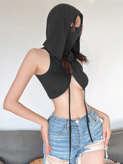 Summer Fashion Trend Solid Colour Y2k Tops New Casual Hooded Lace-Up Crop Top Sexy Slim High Neck Sleeveless Women Clothing