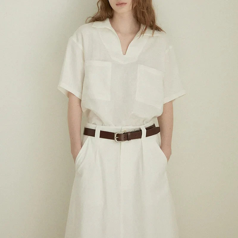 100% Linen V-neck Short Sleeve Blouse