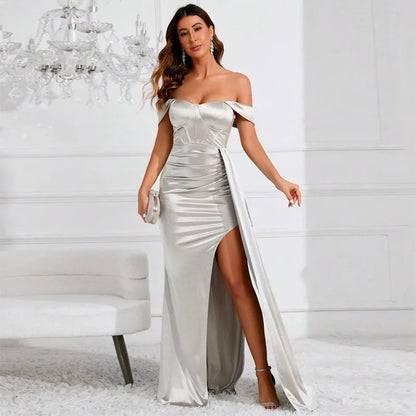 Off Shoulder Sweetheart Ruched Satin Draped Sash High Slit Mermaid Maxi Gown