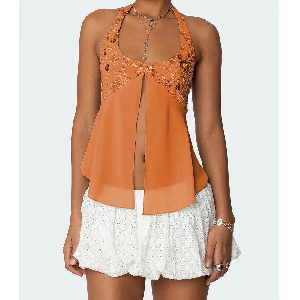 Pearl Embellished Sequins Halter Backless Cami Top