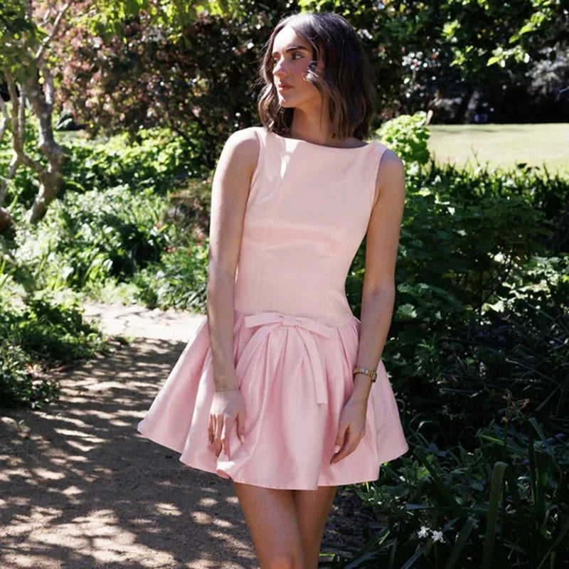 Bow Backless Pleated Sleeveless Mini Dress