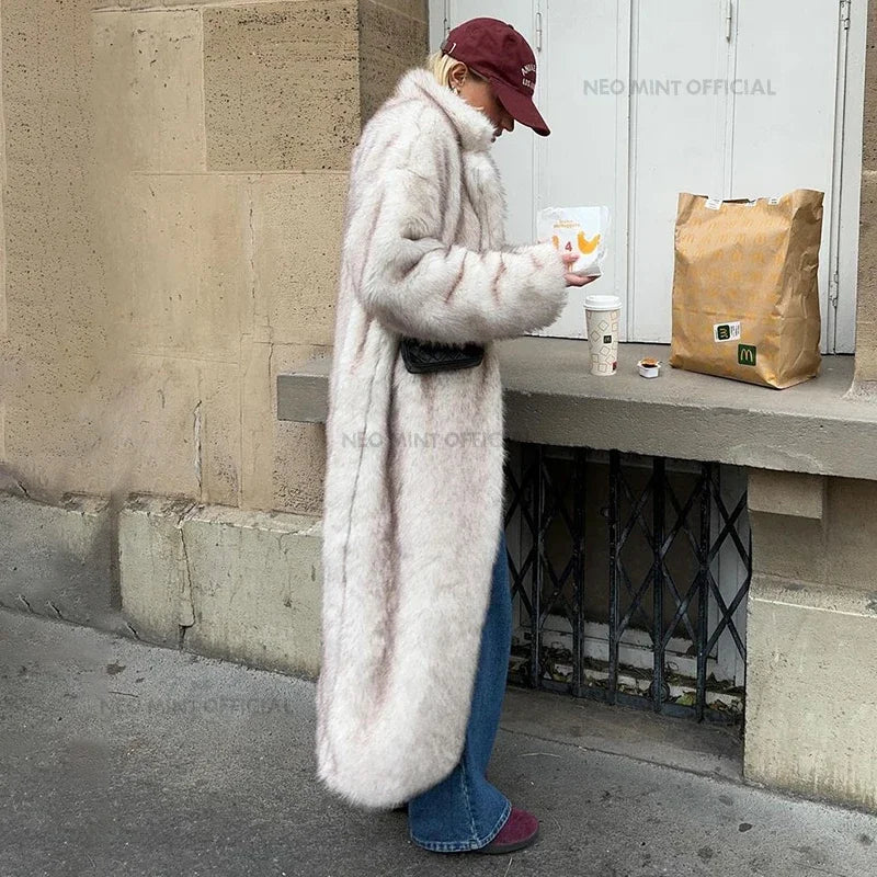 Vintage Luxury Long Faux Fox Fur Coat Women Winter Warm Fluffy Fur Jacket Female Street Furry Outerwear Overcoat