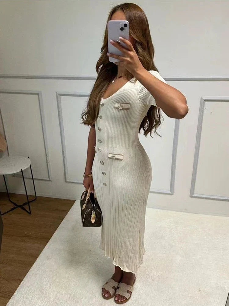 V-Neck Knitted Short Sleeve Button Work Dress