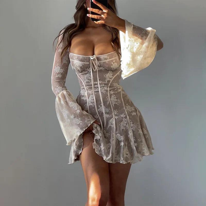 European and American women’s new flared sleeve ballet style sexy and pure desire lace wrapped chest print long sleeved dress