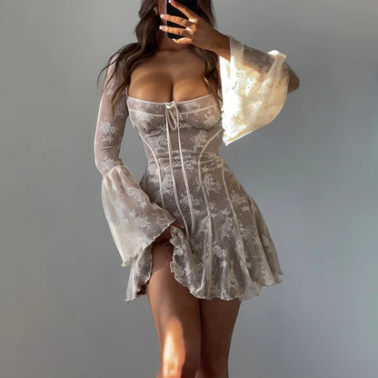European and American women’s new flared sleeve ballet style sexy and pure desire lace wrapped chest print long sleeved dress