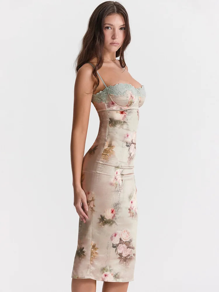 Lace Print Spaghetti Strap Midi Dress