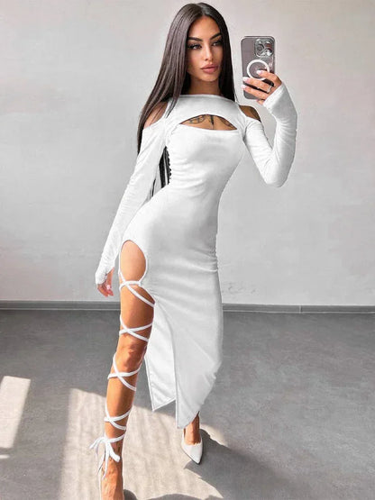 Ribbed Knit Mock Neck Keyhole Cold Shoulder Lace Up Leg Detail Midi Dress
