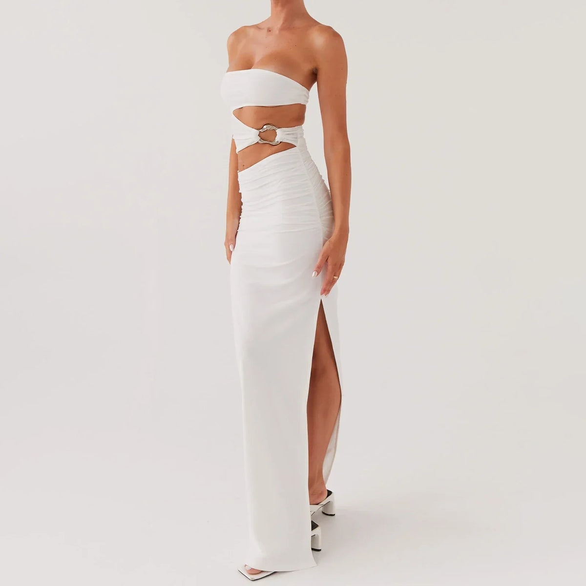 Strapless Ring Waist Cutout Ruched Hip High Slit Maxi Dress
