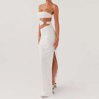 Strapless Ring Waist Cutout Ruched Hip High Slit Maxi Dress