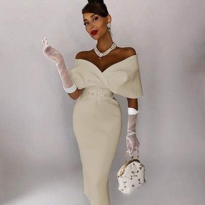 Off Shoulder Draped Cap Sleeve Wrap Belt Grommet Bodycon Midi Dress