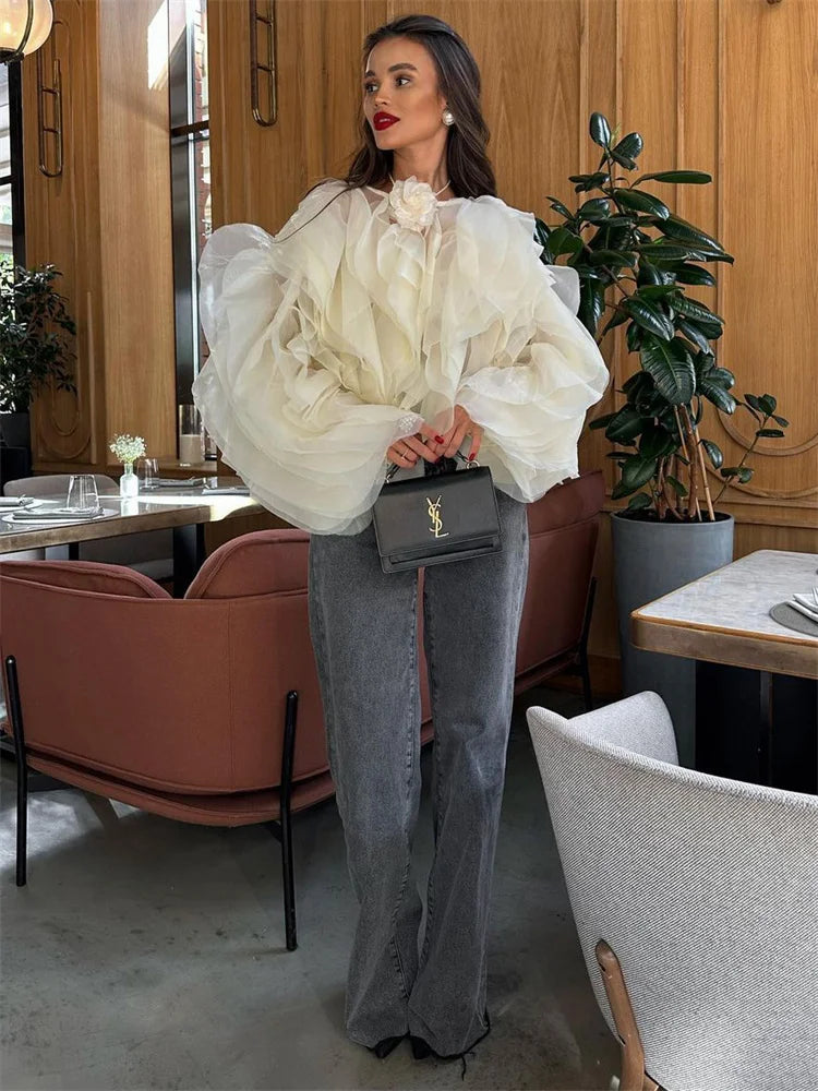 Patchwork Ruffled White Shirts Fashion Elegant For Women High Waist Long Sleeve Casual Streetwear Ladies Blouse Top