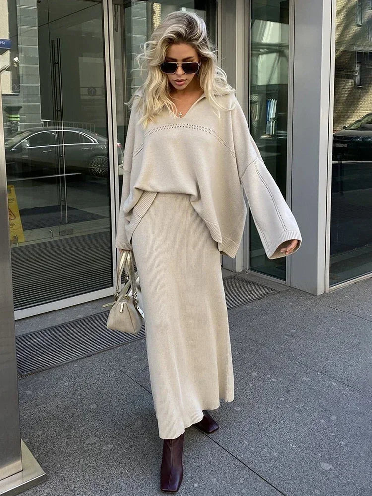 Solid Loose Sweater Suit Female Fashion V-Neck Knit Pollover Top Long Skirt High Waist Autumn Winter Skirt 2 Piece Set