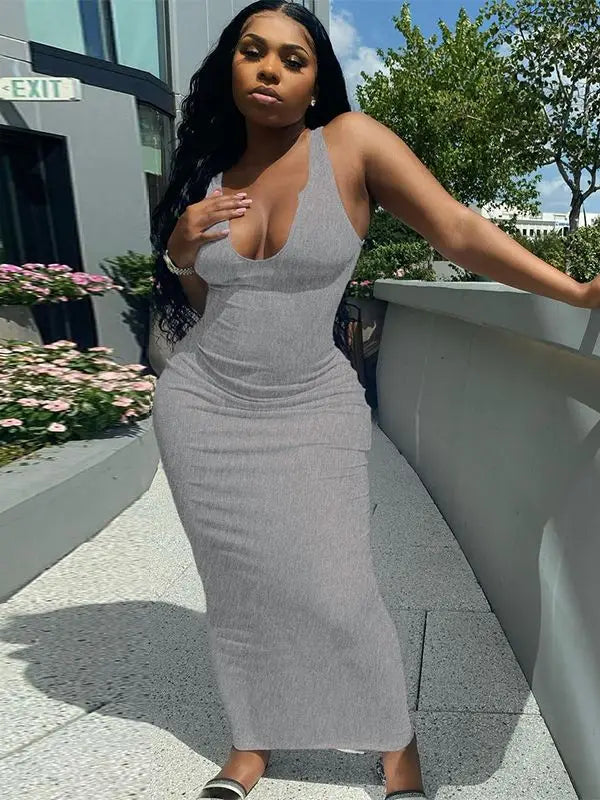 Ribbed Stripe Sleeveless V-neck Midi Dress