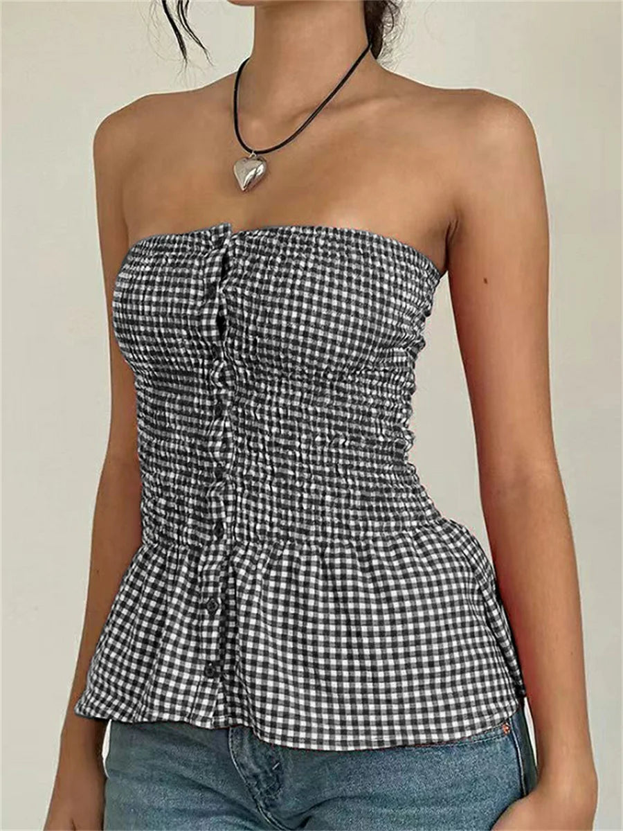Red Gingham Ruffle Hem Strapless