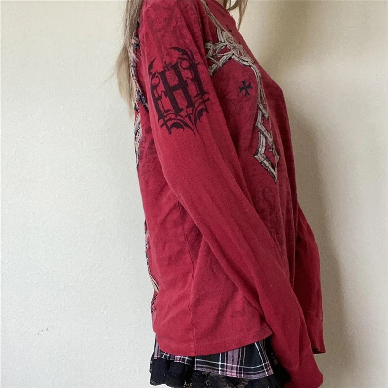 Fairy Grunge y2k Top Women Gothic Graphic Print Round Neck Long Sleeve T Shirt Emo Clothes 2000s Clothing Streetwear